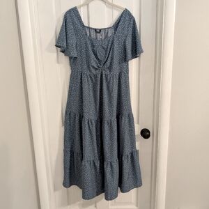 BloomChic Dusty Blue Polka Dot Tiered Midi Dress